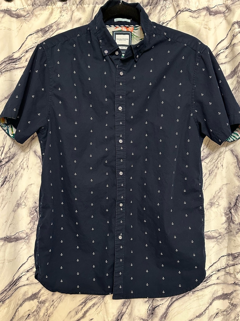 Denim & Flower Navy Short-Sleeve Anchor Print Button-Down Shirt